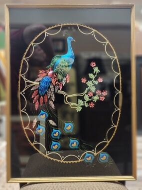 Vintage MCM Embroidered & Beaded Peacock Black Velvet Wall Art
